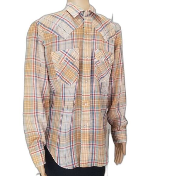 70s Vintage Levi's Western Cowboy Button Up Shirt Big E White Tab Plaid SZ Med - Picture 1 of 11